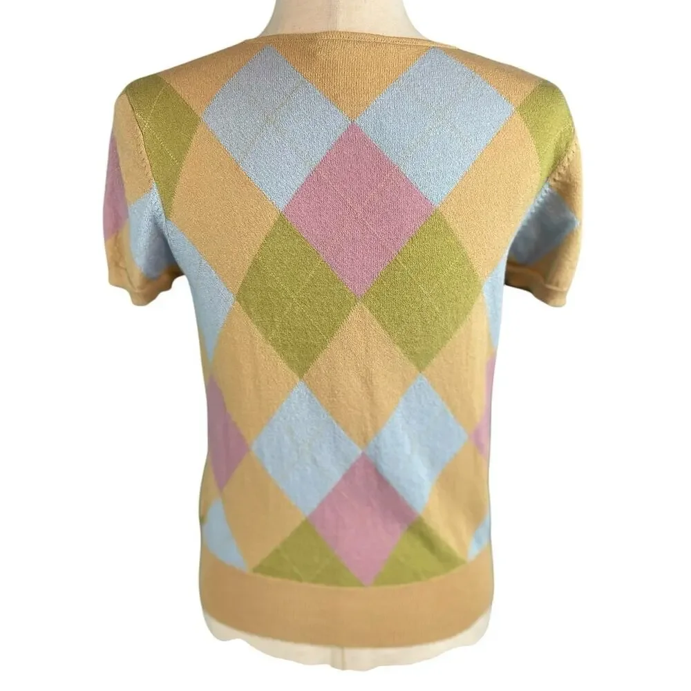 White + Warren Argyle Knit Cardigan Grandmillennial Coquette Preppy Medium